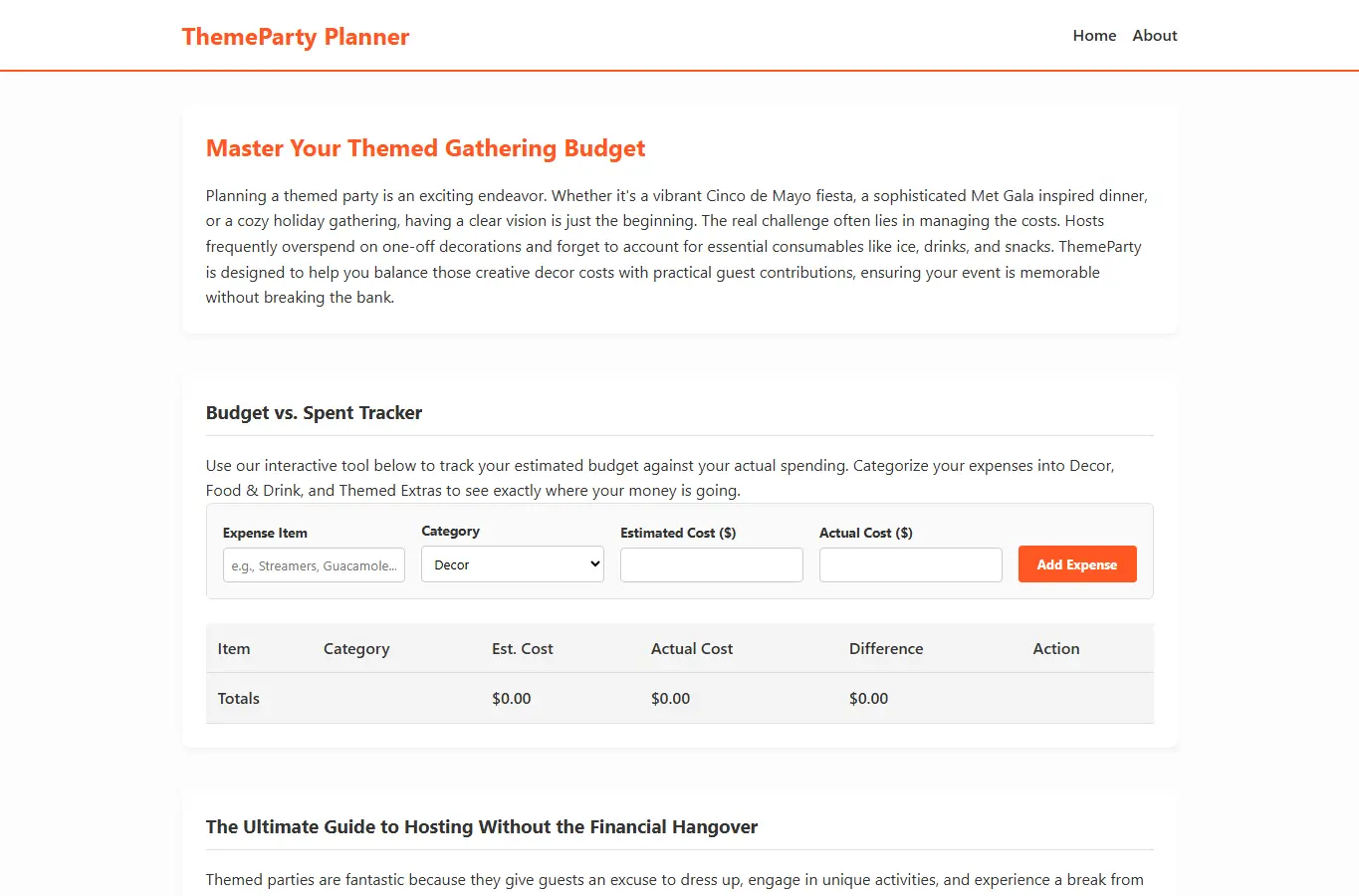 Screenshot of ThemeParty: Cost & Logistics interface showing the project page in use